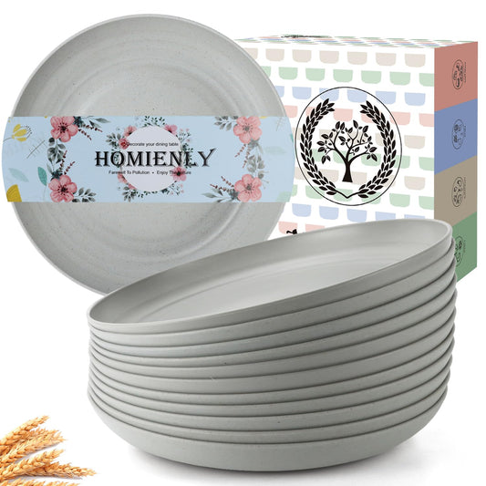 Homienly Deep Dinnerware Set of 12 - Alternative to Plastic, Microwave & Dishwasher Safe Wheat Straw Plates for Kitchen - Unbreakable Kids Plates (Grey, 10 inch)