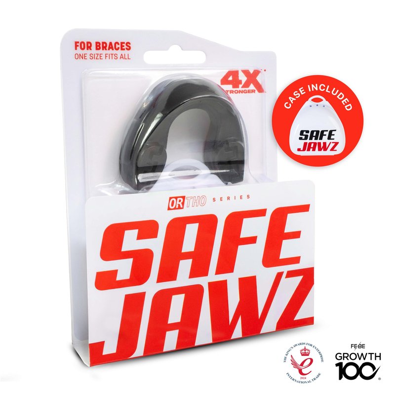 SAFEJAWZ Mouth Guard for Braces, Upper & Lower Protection Mouthguard with Case, Easy Fit Remoldable Mouthpiece for Football, Boxing, Lacrosse, MMA, Basketball & All Contact Sports (One Size, Black)