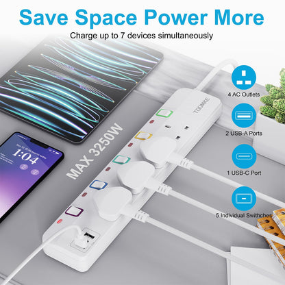 Extension Lead with USB Slots, Toomke 4 Way Plug Extension Socket with 2 USB-A and 1 USB-C, Mountable Power Strip with Individual Switches, UK Plug Socket 1.5m Extension Cord 13A 3250W