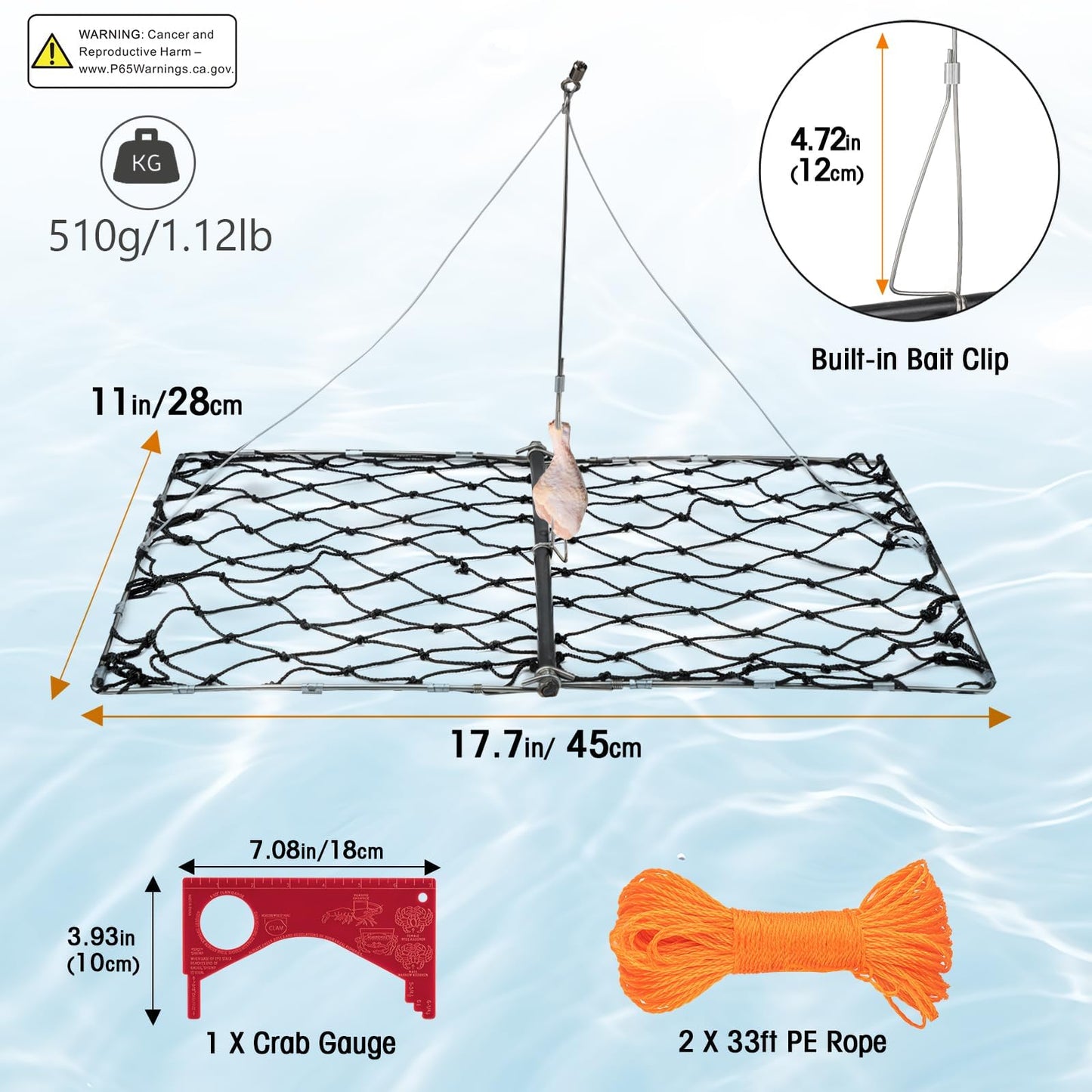 QualyQualy 2 Set Castable Crab Trap Kit, Foldable Crabbing Net with Rope & Bait Clip, Crab Snare/Pots/Traps for Blue Crabs, Dungeness, Crawfish Portable Crabbing Equipment