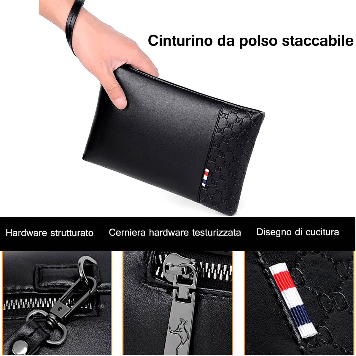 A-QMZL Clutch Bag Men's PU Leather Elegant Handbag Large Capacity Pochette Envelopes Handbags Card Slot Pockets Zipper Wallets Man with Strap Wrist Bag Business Casual Travel Office