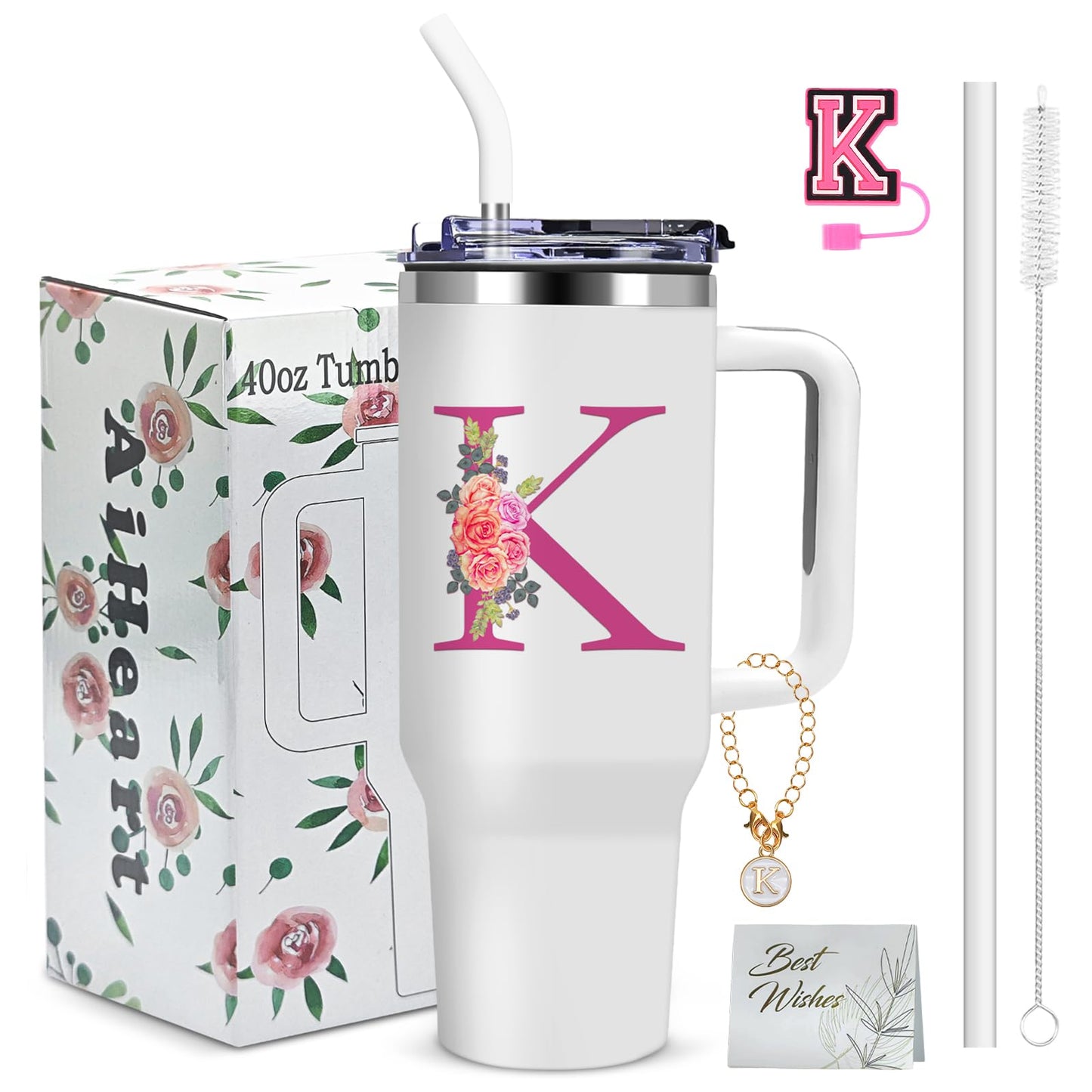 AiHeart 40oz Initial Tumbler,Personalized Gift for Women,Sister,Wife,Best Friend,Monogrammed Gifts for Birthday, Christmas,Custom Tumbler,Cute Tumblers with Straws-K