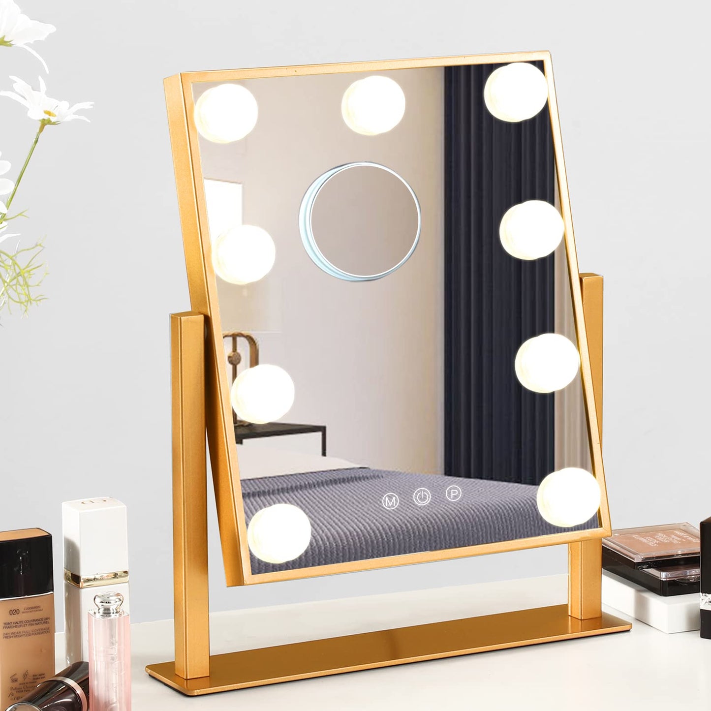 Lighted Makeup Mirror Hollywood Mirror Vanity Mirror with Lights, Touch Control Design 3 Colors Dimable LED Bulbs, Detachable 10X Magnification, 360°Rotation, (White) 12" L x 14" W