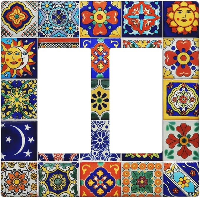 Traditional Colorful Talavera Mexican Spanish Moroccan Tiles Double Rocker Light Switch Cover 2 Gang Wall Plate Covers Decorative Electrical GFCI Outlet Plates for Home Bathroom Kitchen Decor