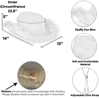 Funcredible White Cowboy Hat and Glasses - Fluffy Cowgirl Hat with Star for Girls - Cowboy Hat with Feathers - Cowgirl Accessories - Halloween Accessories for Women