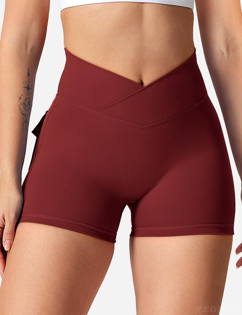 YEOREO Women's High Waisted Scrunch Workout Shorts with Pocket - Deep Burgundy, Size Large