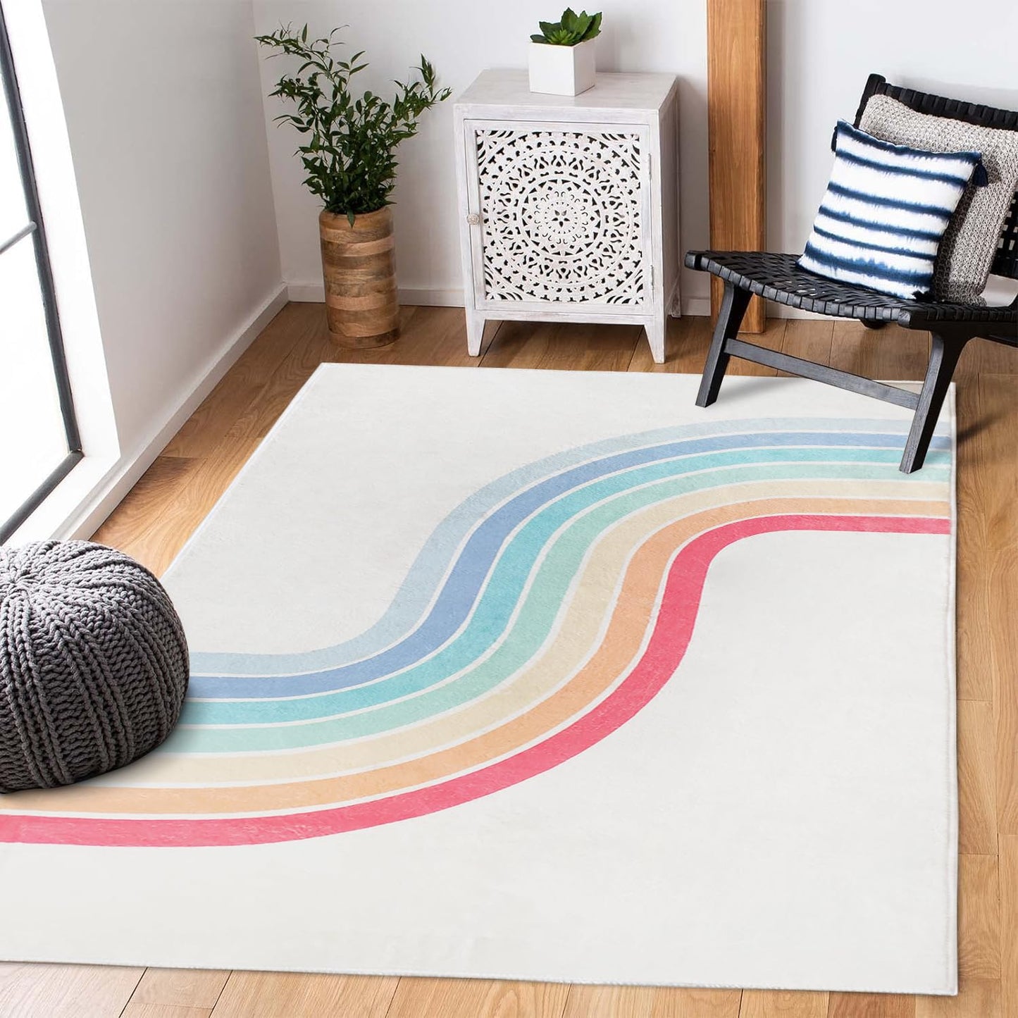 Poowe Rainbow Machine Washable Area Rugs-5'x7' for Living Room, Large Non-Slip Boho Kids Nursery Throw Rug Carpet for Bedroom Entryway Dining Room Office Rug Decor (Rainbow)