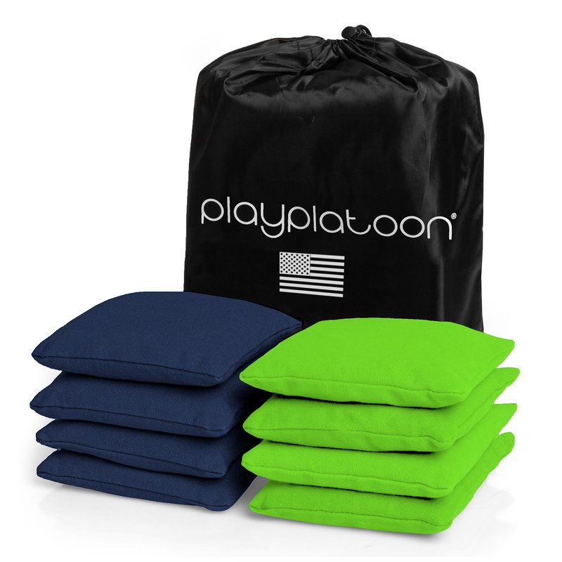 Play Platoon Weather Resistant Cornhole Bags - Set of 8 Regulation Corn Hole - Navy Blue & Lime Green - Durable Duck Cloth Corn Hole for Tossing Game, Includes Tote Bag