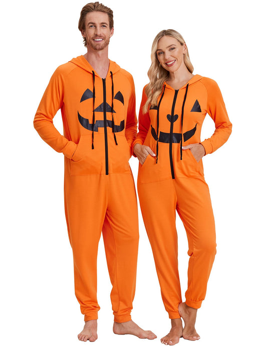 Ekouaer Halloween Onesie Adult Matching Onesie for Couples Halloween Festive One Piece Zipper Jumpsuit (Pumpkin,Large)