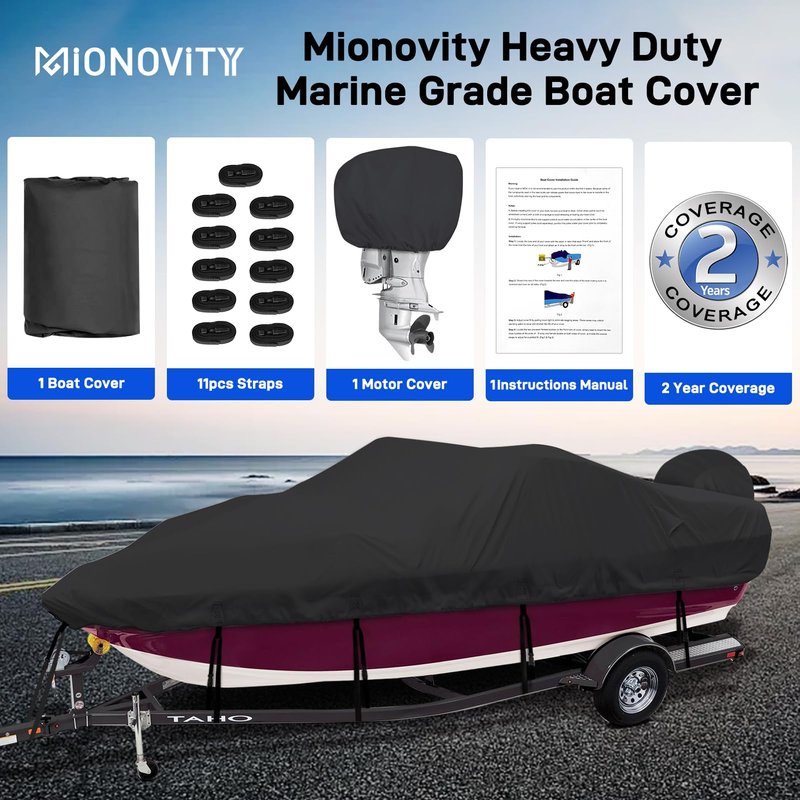 Mionovity Bass Boat Cover 16-18.5ft, 600D Heavy Duty Waterproof Boat Cover 16 17 18.5 Foot (16'-18.5' with Motor Cover), Fits V-Hull, Fishing, Runabout Bowrider Boat