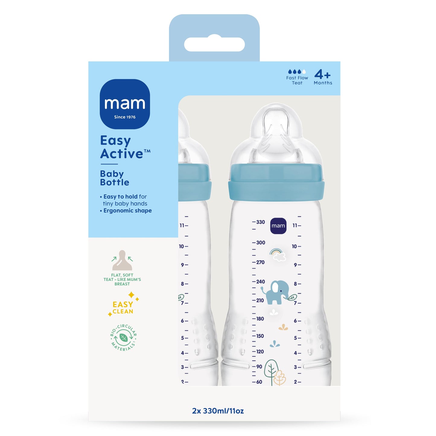MAM Easy Active Baby Bottle with Fast Flow MAM Teats Size 3, Twin Pack of Baby Bottles, Baby Feeding, 330 ml, Blue (Designs May Vary)