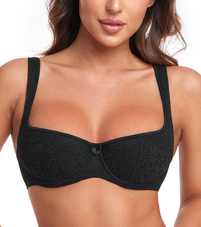 HACI Women's Sexy Balconette Bra Demi Half Cup Scoop Neck Push Up Lightly Padded Shelf Underwire Low Cut(Black,36DD)