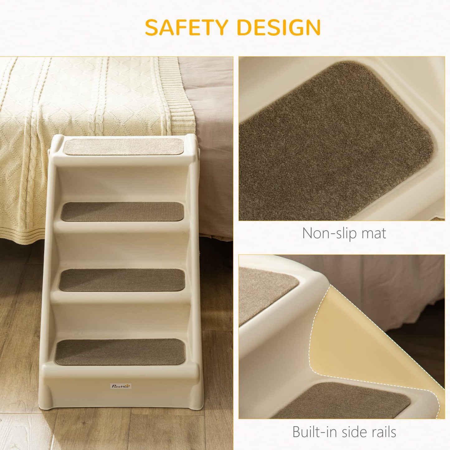 PawHut Four-Step Foldable Pet Stairs w/Non-Slip Mats, for S, XS Dogs - Beige