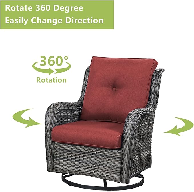 Rilyson Wicker Patio Furniture Set - 4 Piece Rattan Outdoor Sectional Conversation Sets with 2 Swivel Rocking Chairs,2 Ottomans for Porch Deck Garden(Mixed Grey/Red)