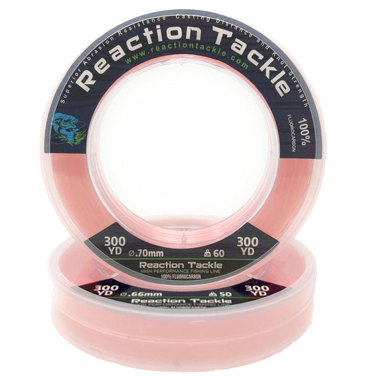Reaction Tackle 100% Pure Fluorocarbon Fishing Line - High Strength, Abrasion-Resistant, Fast-Sinking, Virtually Invisible - Saltwater and Freshwater Leader Line - Pink - 60LB 125 Yards