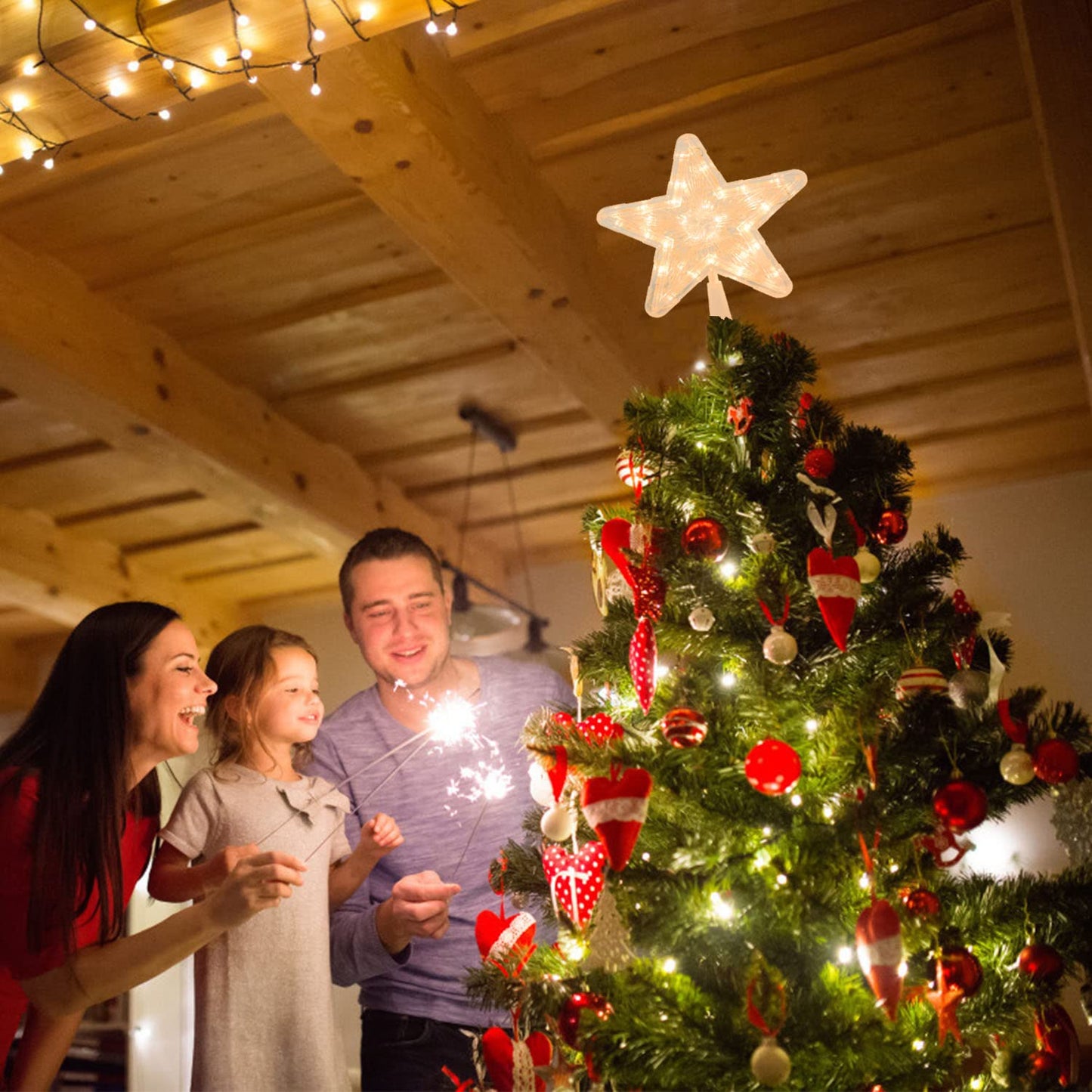 DERAYEE Christmas Star Tree Topper Lighted, Xmas Tree Topper with Lights Light Up Star Topper for Christmas Tree Decorations Battery Operated 9 Inch