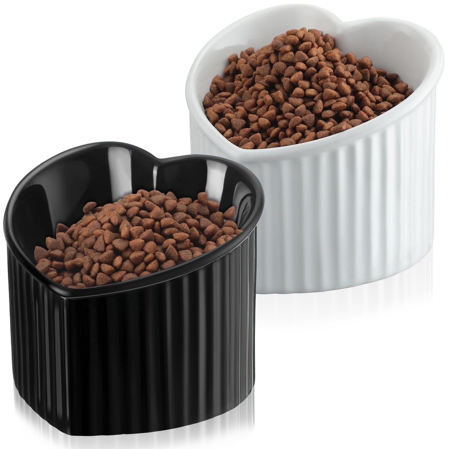 Mumufy 2 Pcs Ceramic Elevated Cat Bowls Tilted Elevated Raised Pet Bowls Anti Vomit Cat Dish for Indoor Stress Free Water Dish Feeder for Puppies, Heart Shaped(Pearly White, Black)