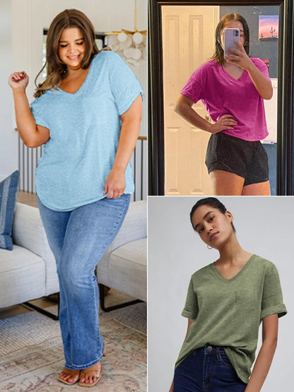 ATHMILE Womens T Shirts 2024 Short Sleeve V-Neck Shirts Cute Fit Summer Casual Tee Tops S-XXL Army Green