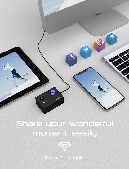 Apexcam Action Camera 4K with 64G SD Card Sport Cameras 20MP 131FT Waterproof Underwater Camera 170°Wide-Angle WiFi Camera with 2.4G Remote Control, 2 Batteries, Mounting Accessories Kits