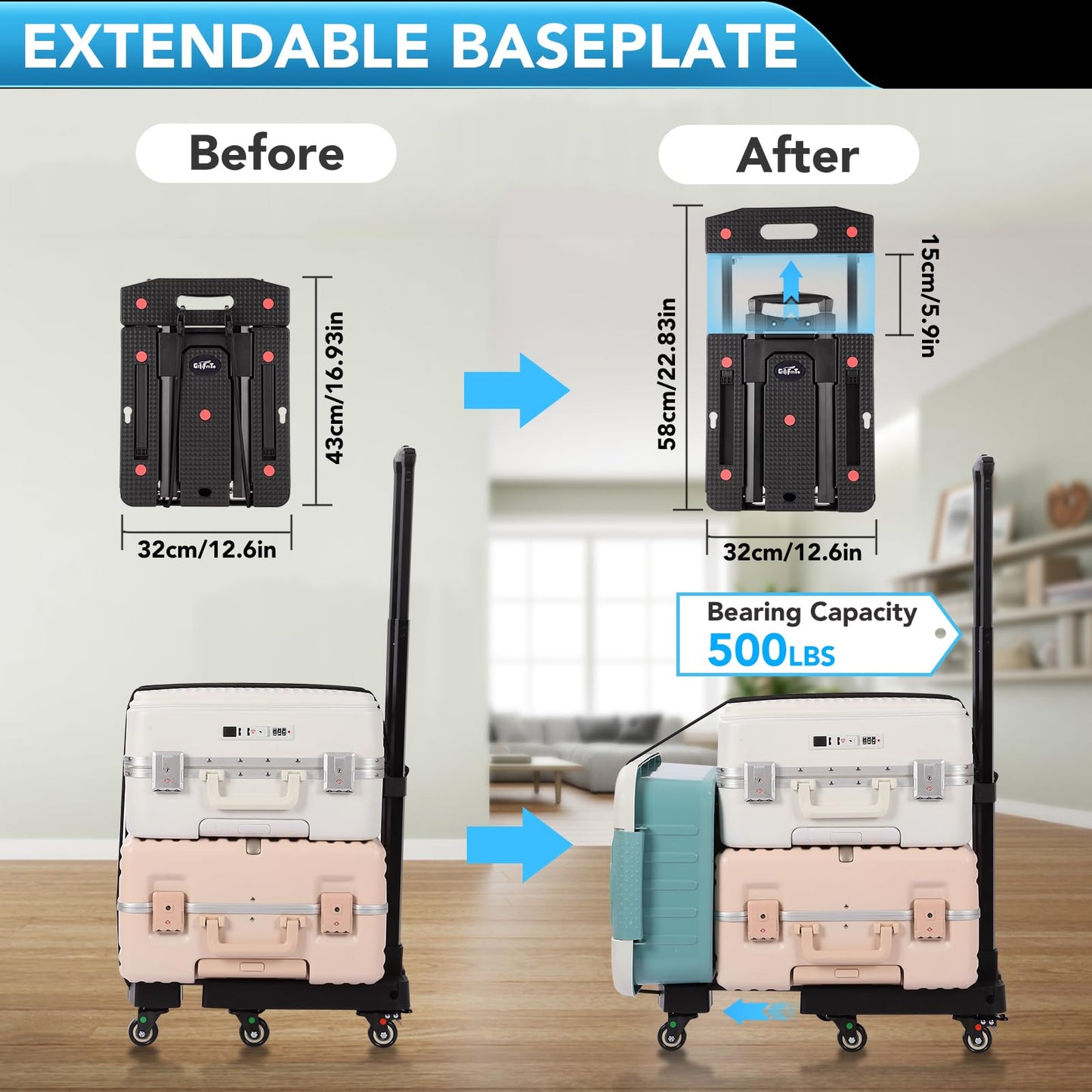 GtIiFmTe Folding Hand Truck Dolly for Moving,500LB Heavy DutyPortable Luggage Cart6 Wheels with 2 Brake,Extendable Utility Dolly Platform Cart with 3 Bungee Cords (Black)