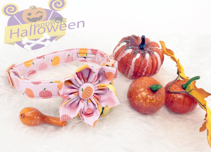 ARING PET Halloween Dog Collars with Detachable Flower, Pink Pumpkin Pet Collar with Metal Buckle for Puppy Small Medium Large Boy Girl Dog-XS