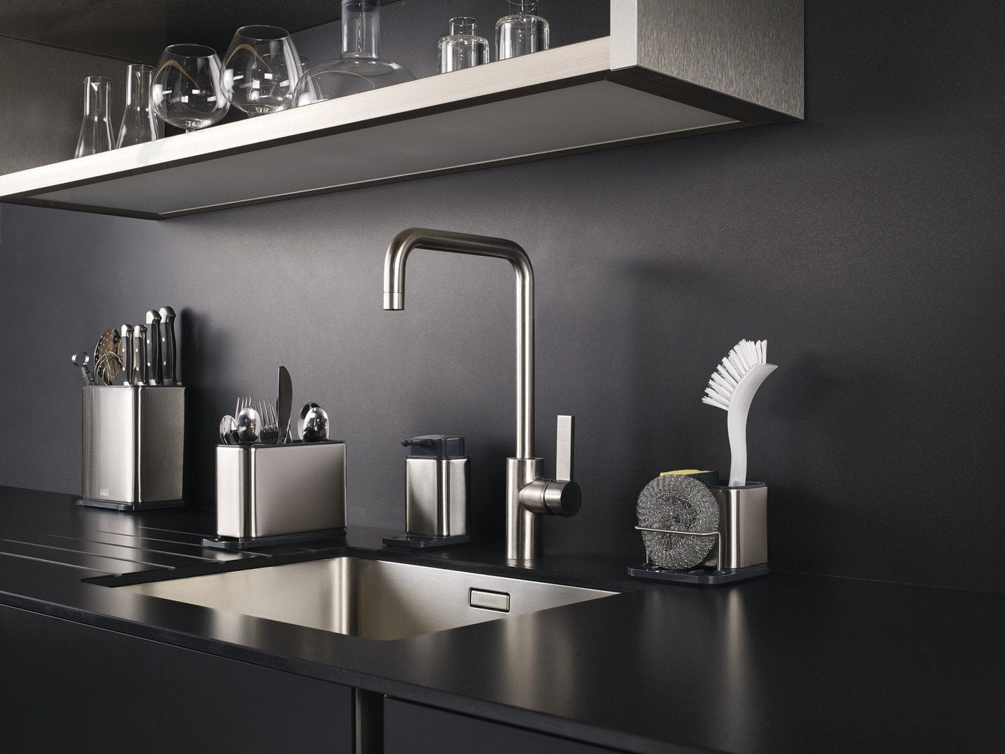 Joseph Joseph Surface Sink Caddy Stainless Steel Sponge Holder Organizer Tidy Drains Water for Kitchen, Small, Silver