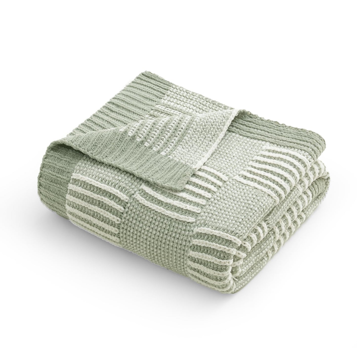 Amélie Home Chenille Knit Throw Blanket for Couch, Checkered Texture Decorative Soft Blanket for Sofa, Bed & Living Room, 50"x60", Sage Green & White