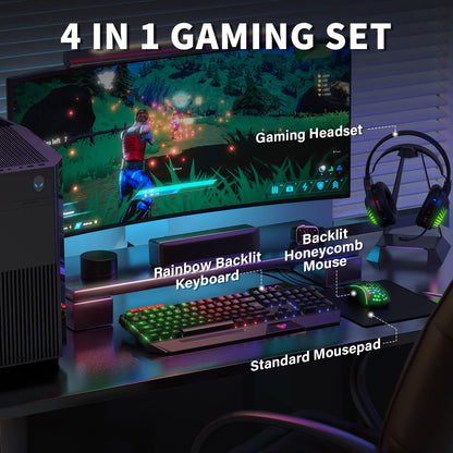AULA Gaming Keyboard Mouse Headset and Mousepad Combo, RGB LED Backlit Gaming Keyboard Bundle, USB Wired Keyboards Combo for PC Gamer, Xbox, PS4 Users