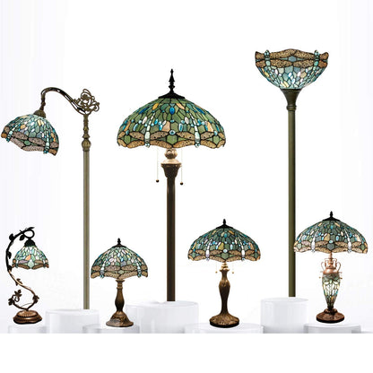 WERFACTORY Tiffany Lamp Sea Blue Stained Glass Table Lamp 12X12X18 Inches Dragonfly Style Desk Reading Light S147 Series