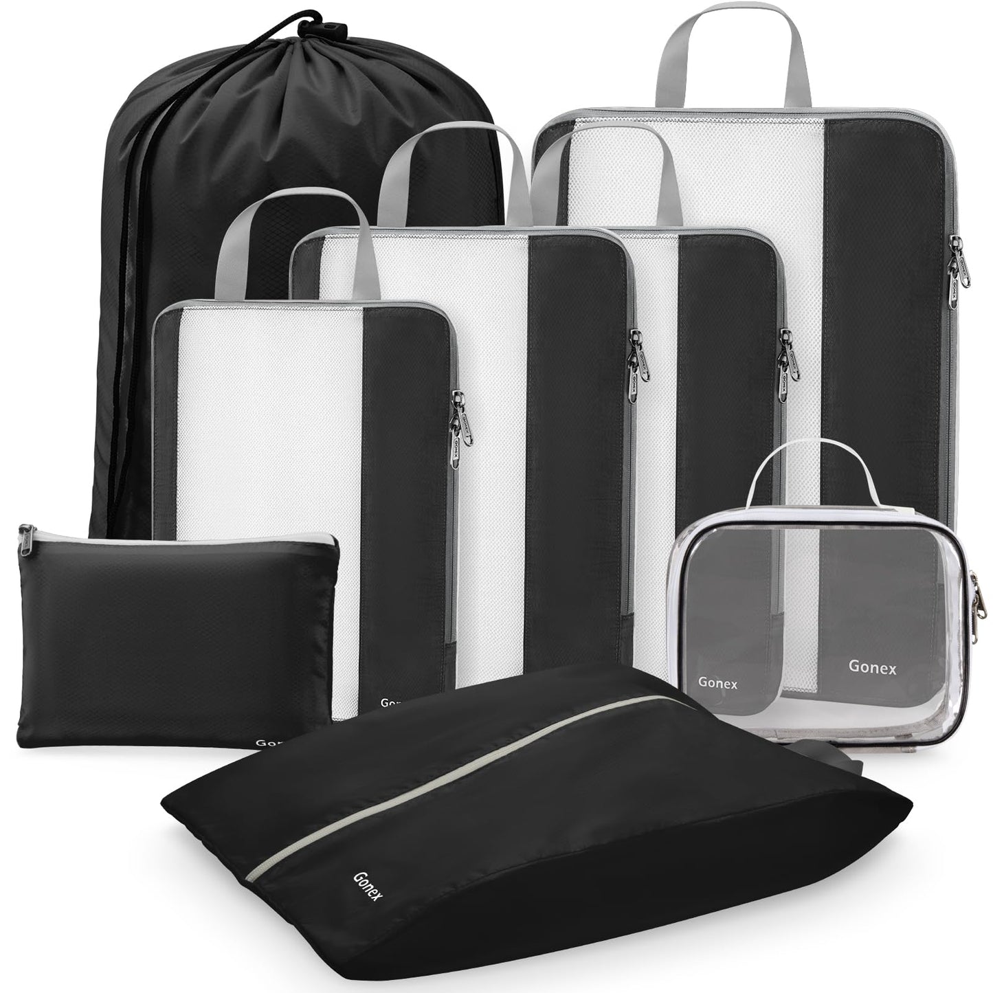 Gonex Expandable Mesh Packing Cubes - 8 Set Compression Organizer for Travel Essentials with Toiletry, Laundry, Shoe & Cable Bags - Black