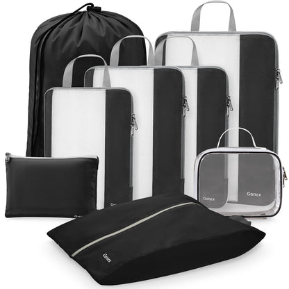 Gonex Expandable Mesh Packing Cubes - 8 Set Compression Organizer for Travel Essentials with Toiletry, Laundry, Shoe & Cable Bags - Black