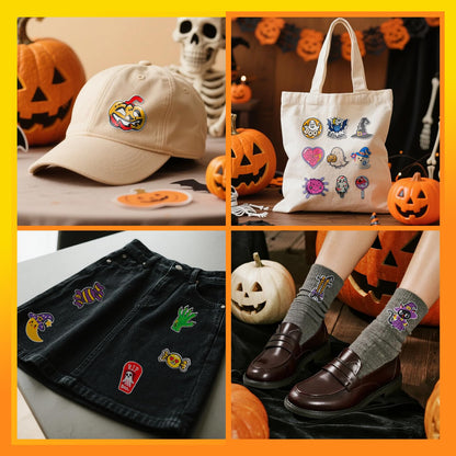 GYGYL 32Pcs Halloween Iron on Patches, Halloween Theme Cute Skull Pumpkin Ghost Black Cat Witch Bats Iron on Embroidered Patch for Jackets Backpacks Clothing