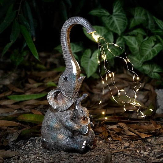 Elephant Statue with Solar Watering Lights, Outdoor Garden Decor for Patio, Yard, Lawn, Unique Gifts for Women, Mom – Resin Elephant Sculpture (Dark Grey Two Elephants)
