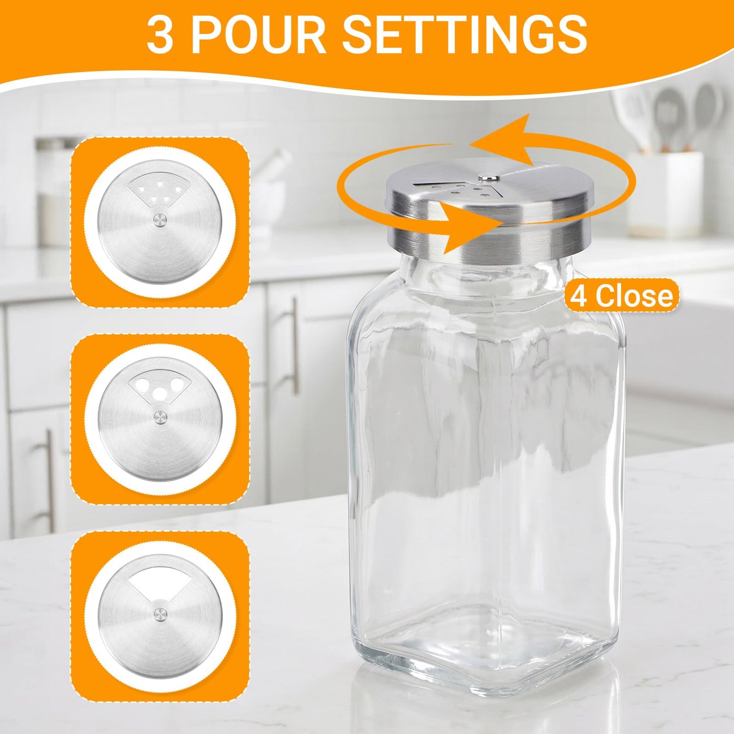 Segarty 6oz Spice Bottles with Stainless Steel Shaker Lids 3 Pack, 180ml Large Square Spice Jars for Salt Sugar, Adjustable Seasoning Storage Bottles with 3 Labels for Condiments Herbs Grains Storage
