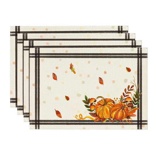 Artoid Mode Pumpkins Mushrooms Leaves Placemat for Dining Table, 12 x 18 Inch Fall Autumn Harvest Holiday Rustic Vintage Washable Table Mat Set of 4