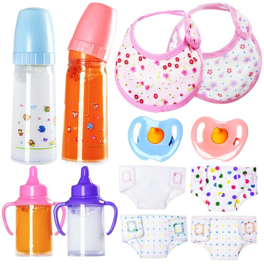 Kuihaazi 12PCS Baby Doll Accessories Set,Doll Pretend Play Feeding Toys,Baby Doll Feeding Include Disappearing Milk and Juice Bottles,Pacifier,Bibs,Diapers