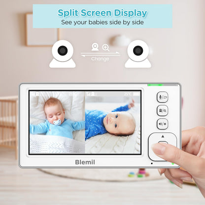 Blemil Baby Monitor with 2 Cameras and Audio, 4.3'' IPS Split-Screen Monitor with 29-Hour Battery, 1000ft Range Pan-Tilt-Zoom Video Baby Monitor No WiFi, 2X Zoom