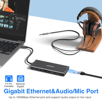USB C Docking Station Dual Monitor for Dell/HP/Lenovo/Surface Laptop, 14 in 1 Triple Display Hub Multiple Adapter, Dongle with 2 HDMI 4K+VGA+5 Port+100W PD Charger+Ethernet+SD/TF+Audio
