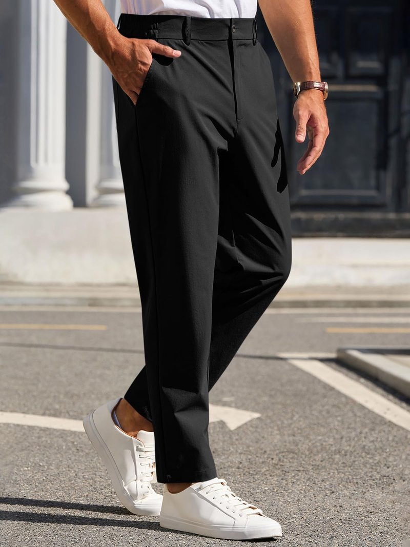Runcati Mens Stretch Golf Pants Casual Slim Fit Dress Pants Elastic Waist Tapered Work Cropped Trousers Black