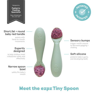 ezpz Tiny Spoon (2 Pack in Sage) - 100% Silicone Baby Spoon for Baby Led Weaning + Purees - 6 Months + - Designed by a Pediatric Feeding Specialist - Baby Essentials & Baby Gifts