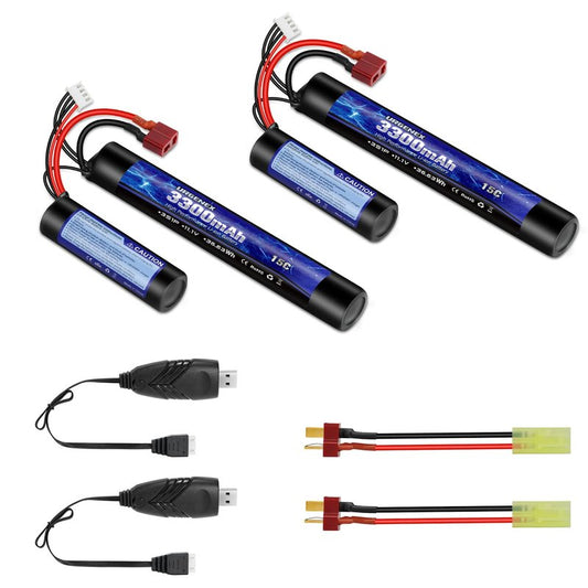 URGENEX Airsoft Battery 3300mAh High Capacity 11.1V Nunchuck RC Battery with Dean-Style T Plug & Mini Tamiya Cable 3S Butterfly Stick Airsoft Li-Ion Fit for aeG AK47 M4 MP5 and Most Airsoft Gun Rifle