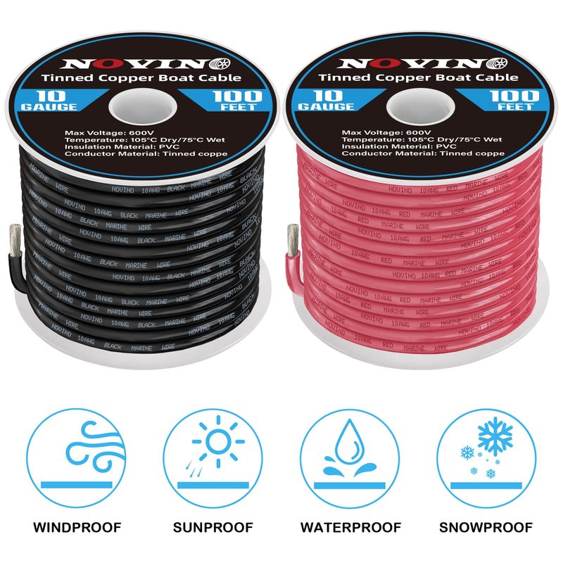 Marine Wire 10 Gauge Marine Grade Wire Include 10 AWG 100FT Red & 100FT Black,10 AWG Tinned Copper Boat Cable for Boat Speaker Automotive Battery Lighting Outdoor RV Camper Trailer