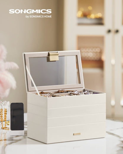 SONGMICS Stackable Jewellery Trays, 4-Tier Jewellery Box, Large Jewellery Case, Clear Glass Lid, 17 x 28 x 18.3 cm, for Dressing Table, Gift Idea, Cloud White JBC164W01