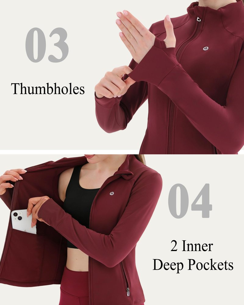 Pobodo, Women's, Thermal, Fleece Lined, Slim Fit, Winter Running, Warm Stand Collar, Yoga Track Top, 2-Way Zip, 4 Pockets
