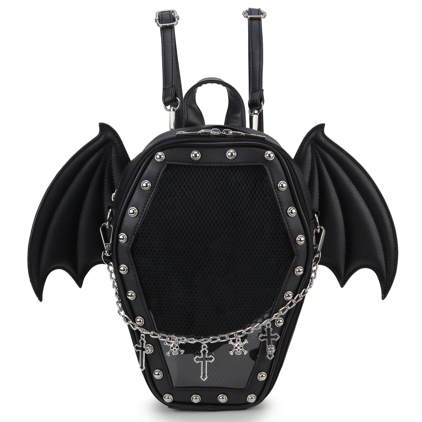 ENJOININ Gothic Coffin Shape Purses and Handbags for Women Halloween Shoulder Bag Ita Backpack Purse with Wings 2 Way