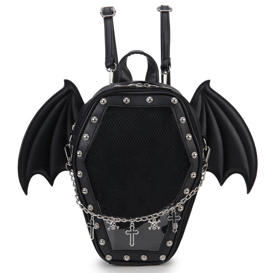 ENJOININ Gothic Coffin Shape Purses and Handbags for Women Halloween Shoulder Bag Ita Backpack Purse with Wings 2 Way