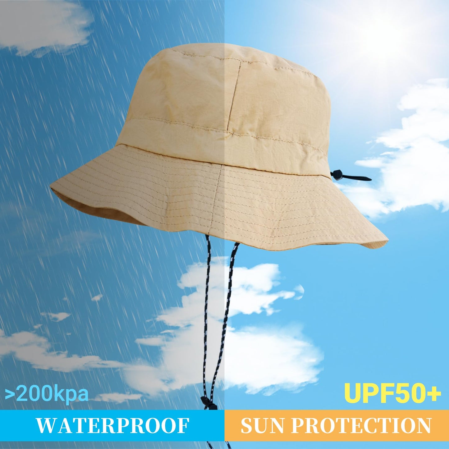 NPJY Packable Quick Dry Sun Bucket Hats for Women Lightweight Outdoor Waterproof Rain Hat with Detachable Chin Strap Small-Medium （Size: 22-22 3/4） Black