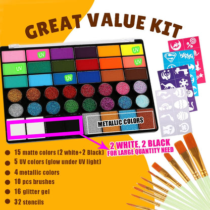 Bowitzki Face Paint Kit,42 Water Based Non Toxic Face Paint with face paint Colors,16 Glitters, 32 Stencils & 10pcs Brushes, Professional Body Face Paint Makeup For Party,Halloween,Carnival,Festival