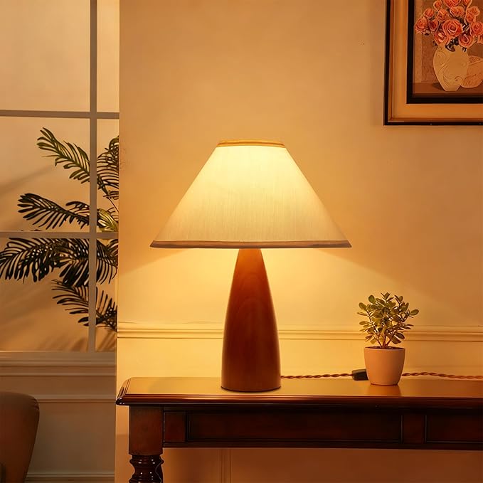 Bedside Table Lamp for Bedroom, Mid-Century Modern Plug in Fabric Shade & Solid Wood Base Desk Lamp, Plug & Play Warm Brown Nightstand Lamp for Living Room, Office, Switch Power Cord 【Bulb Included】