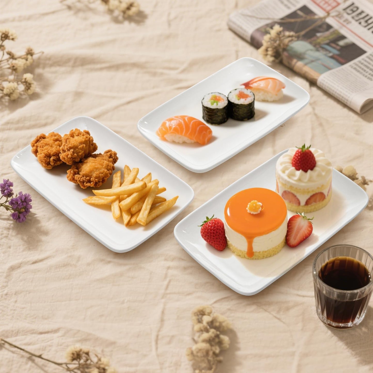 Foraineam 8 Pieces Rectangular Plates 8 Inch Porcelain Platters, Dessert, Appetizer, Salad Plates White Serving Trays